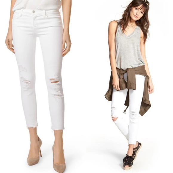 J Brand Cropped Low Rise Jeans 9326 White Distressed Cotton Skinny Raw Hem 31 - Picture 10 of 16